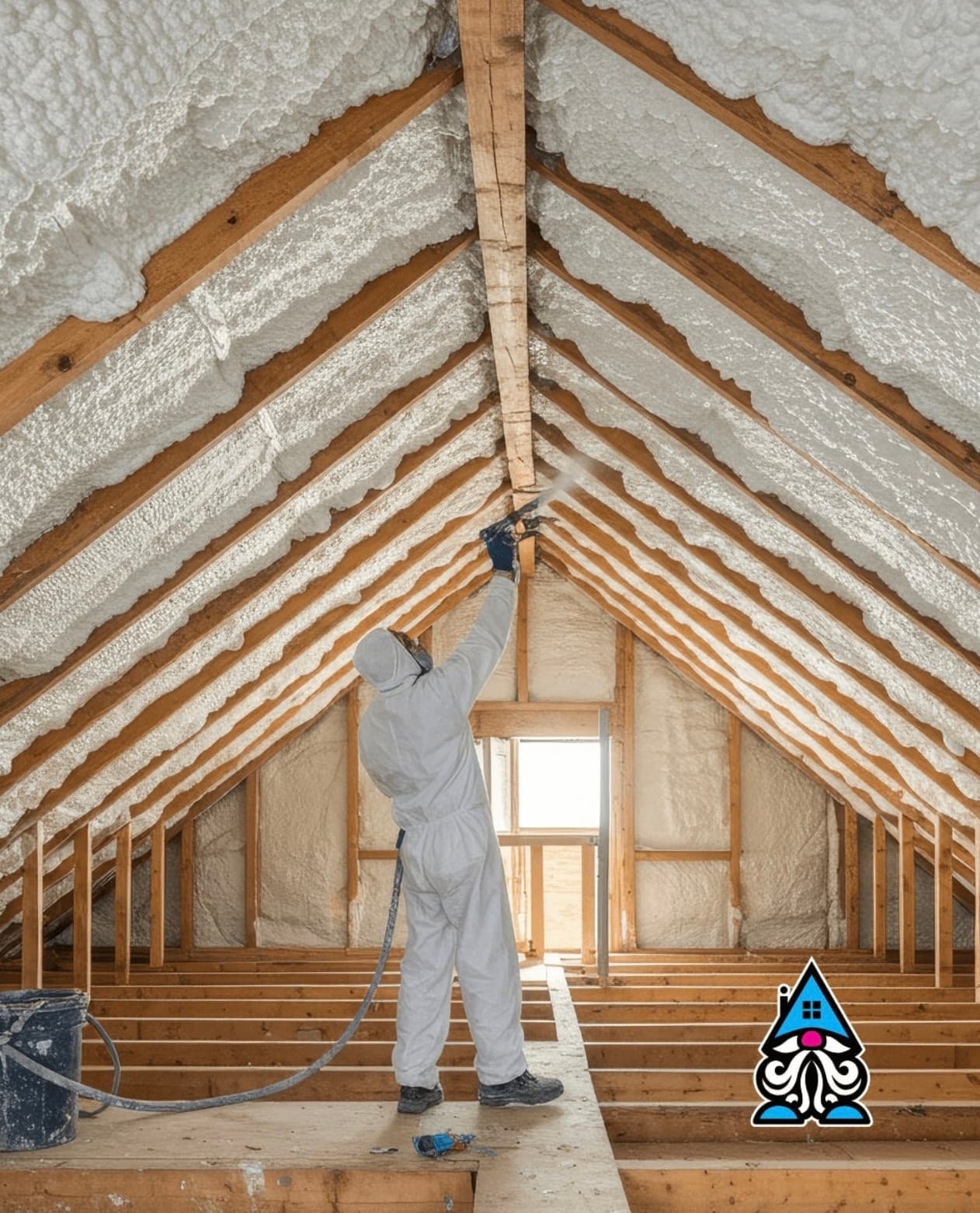 iFOAM installer spray foaming an attic roof deck
